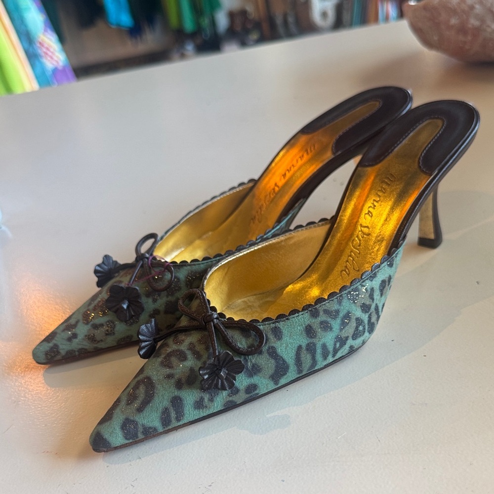 Green Leopard Print Pointed Toe Mules